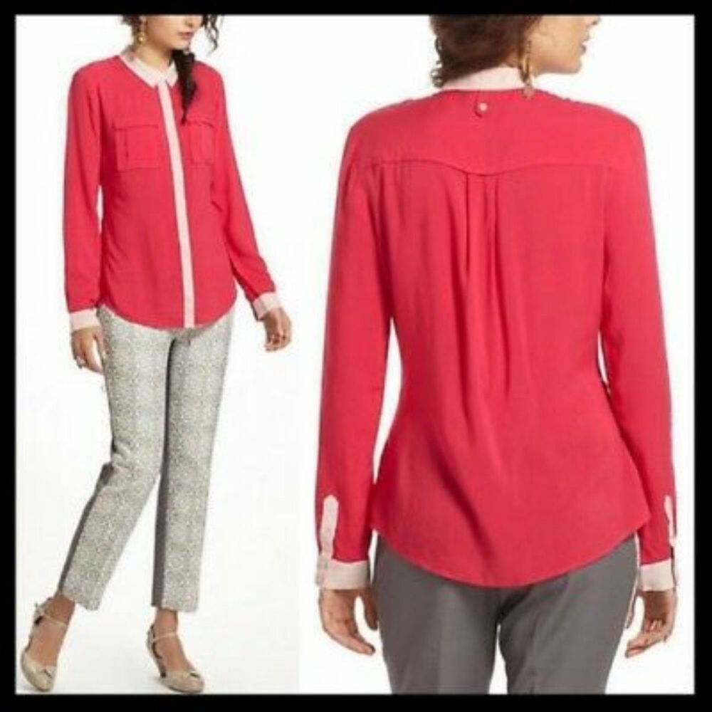 Maeve Anthro Size 0 Pink Hot Pink Colorblock Button Down Blouse Rayon OfficeCore